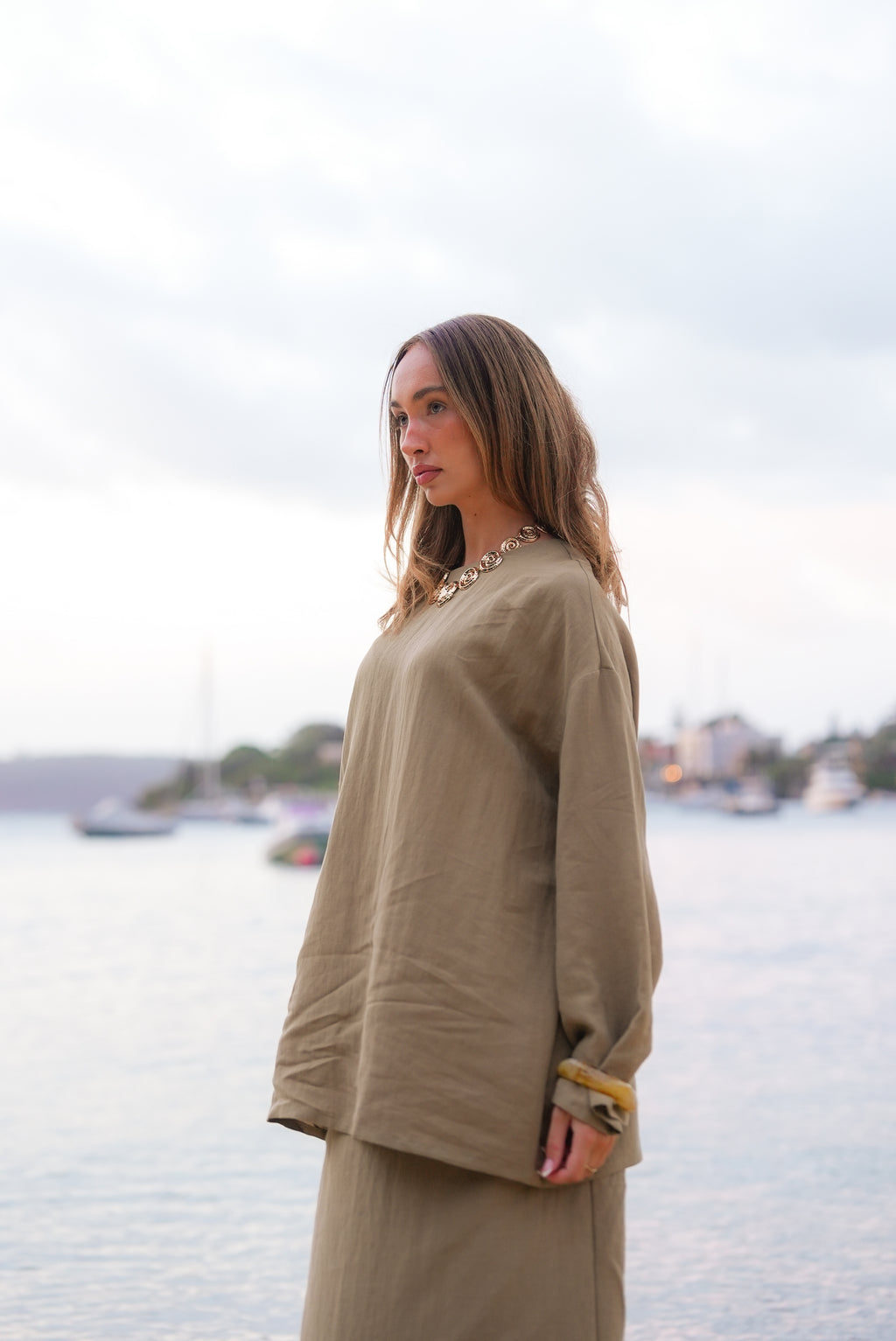 olive oversized wide sleeve linen shirt