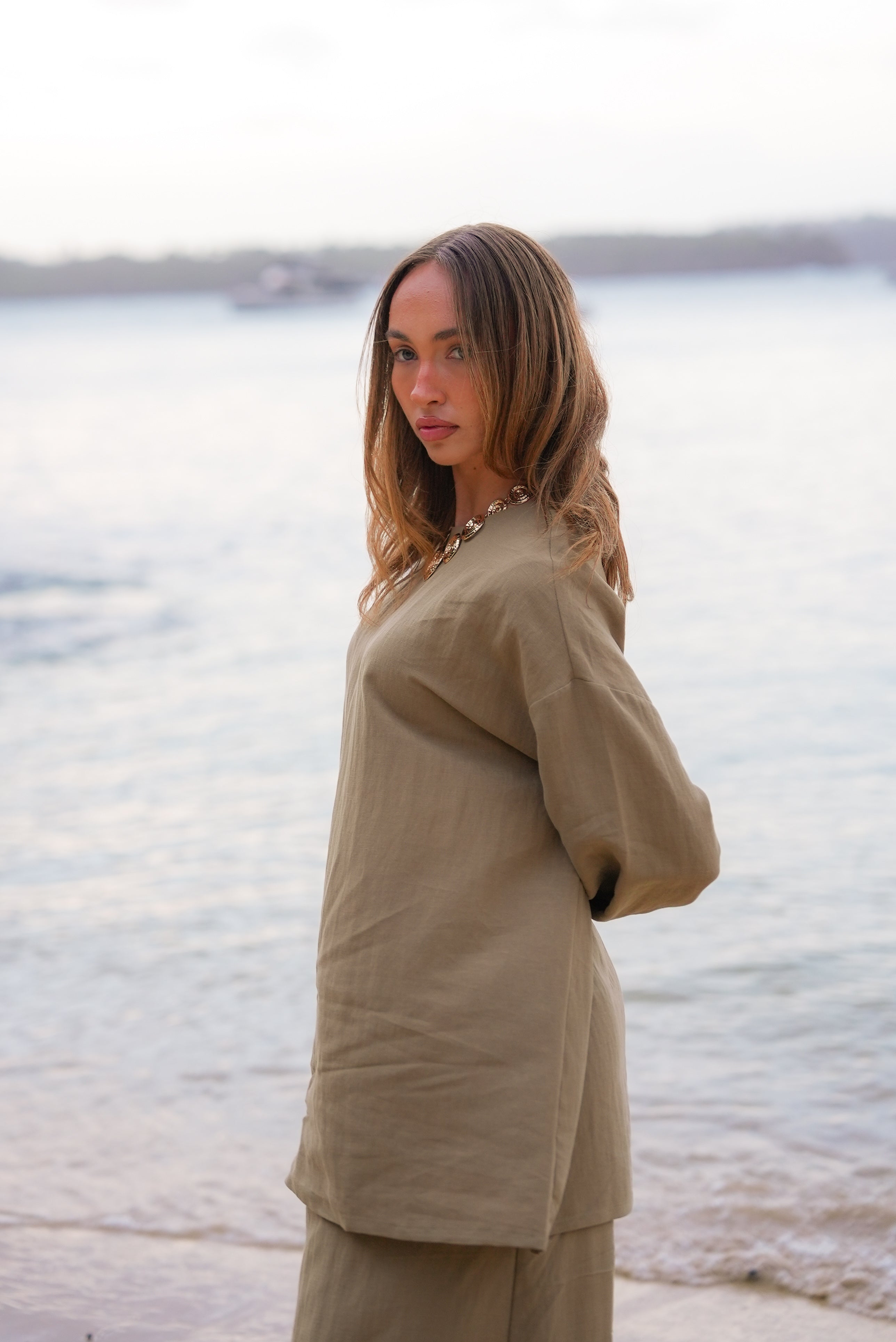 olive oversized wide sleeve linen shirt