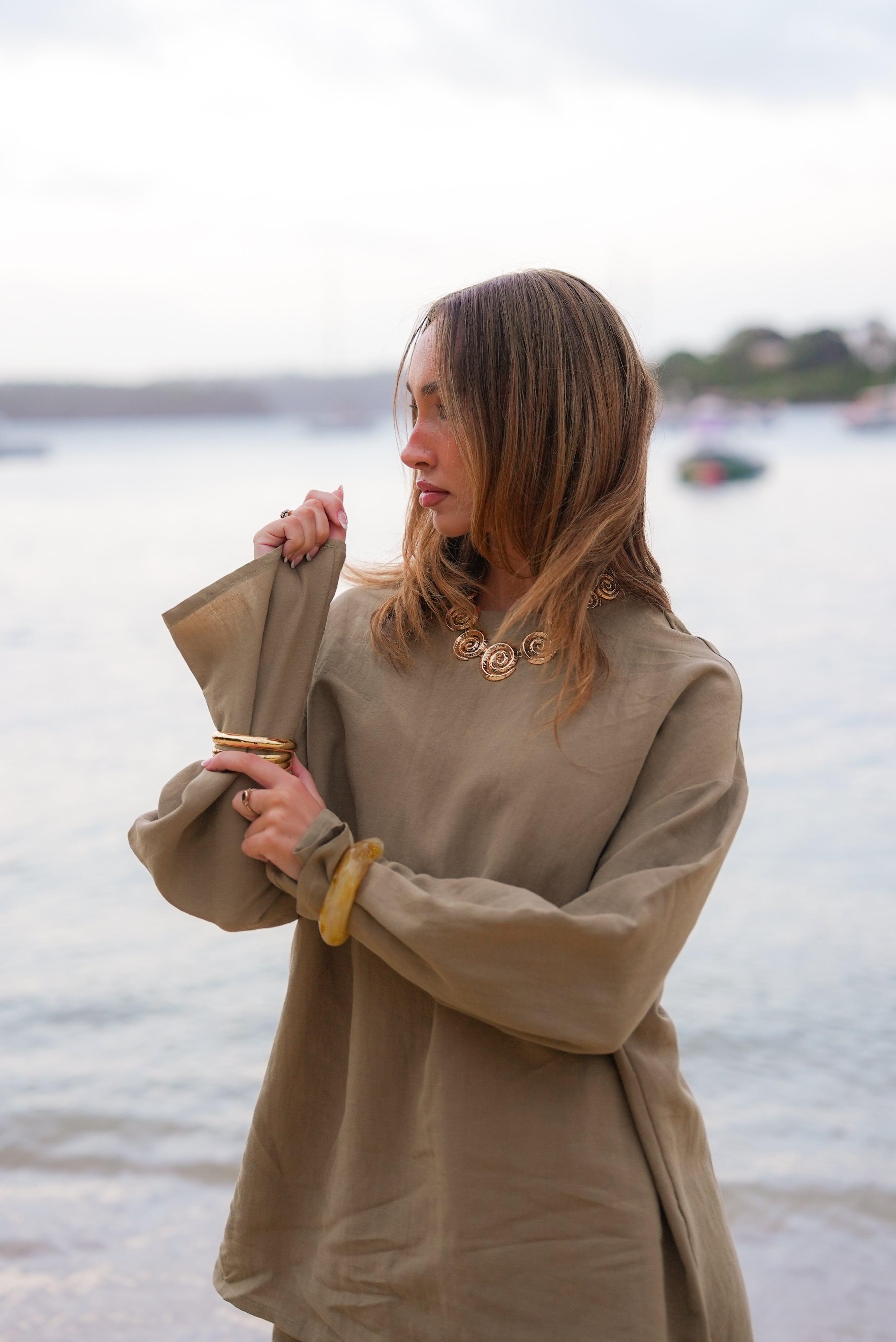 olive oversized wide sleeve linen shirt